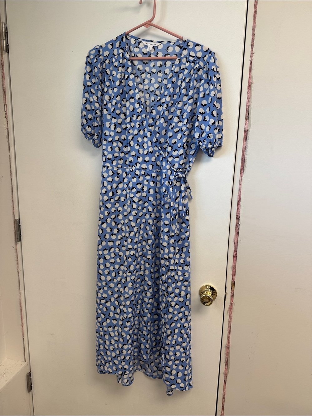 POPSUGAR Blue Printed Wrap Midi Dress with Puff Sleeves Large